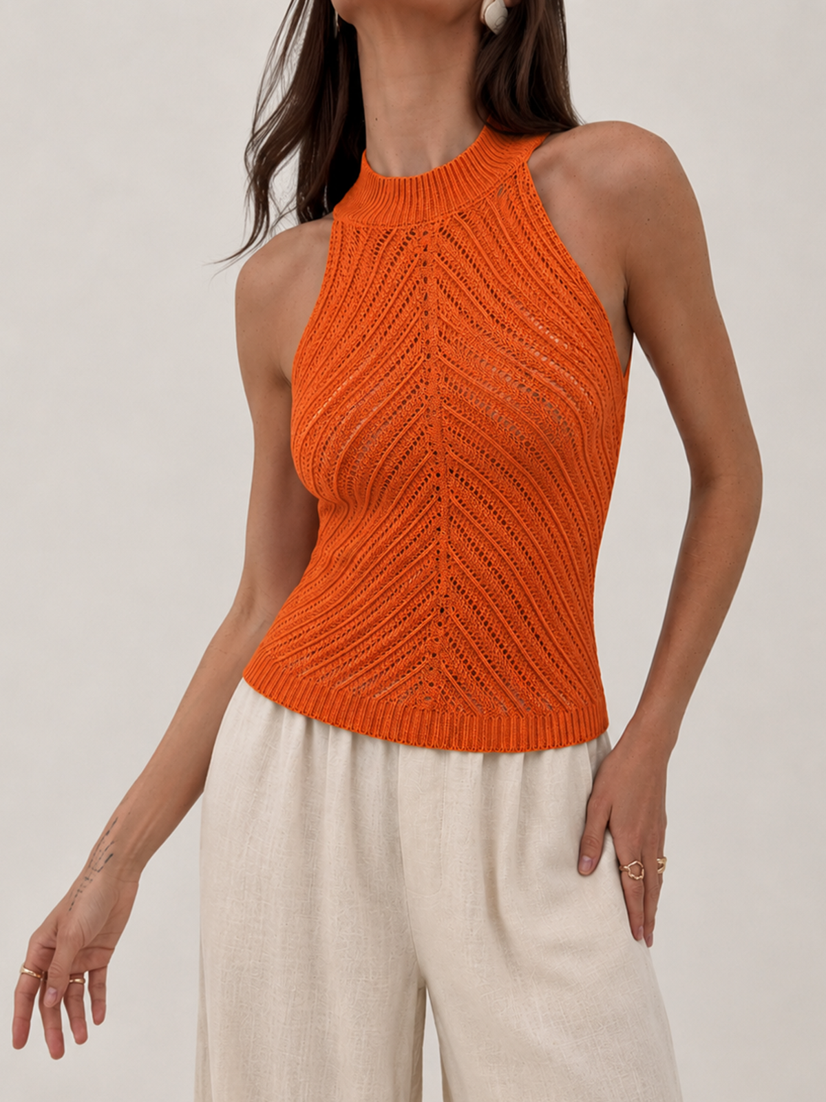Openwork Knit Halter Neck Top for Summer Casual Wear