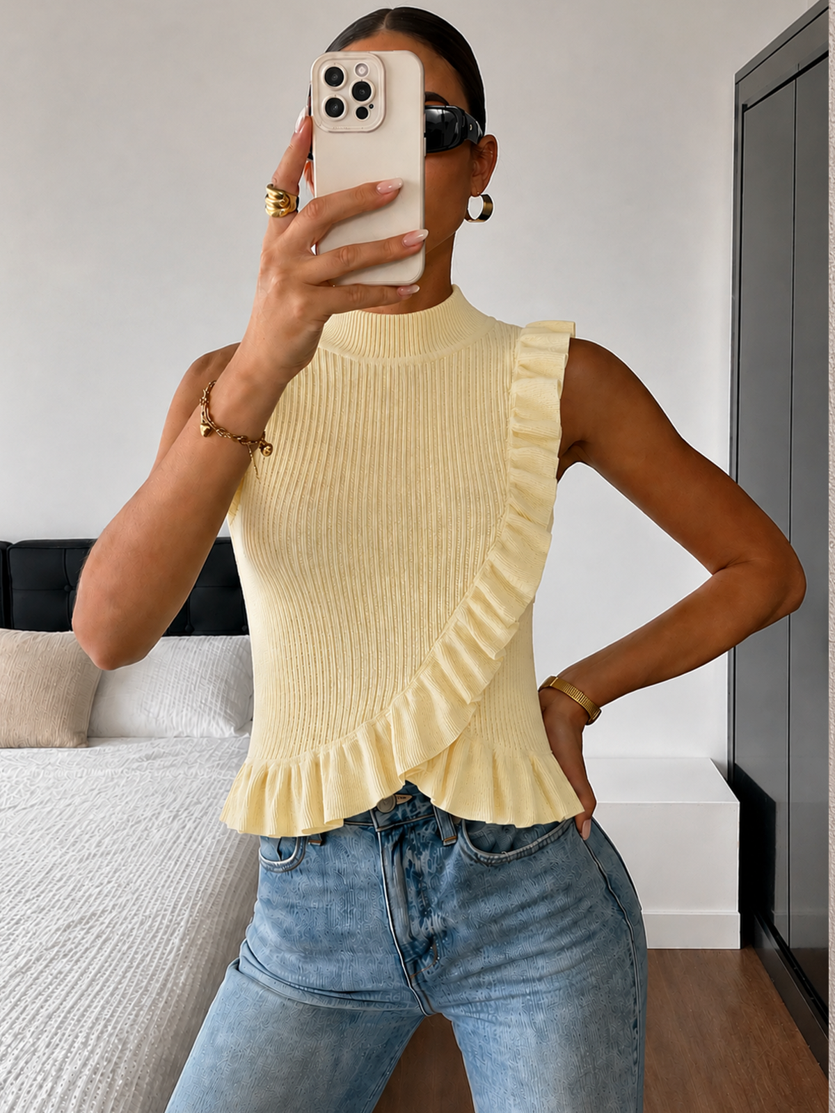 Ribbed High Neck Ruffle Sleeveless Top - Women's Casual Fashion Essential