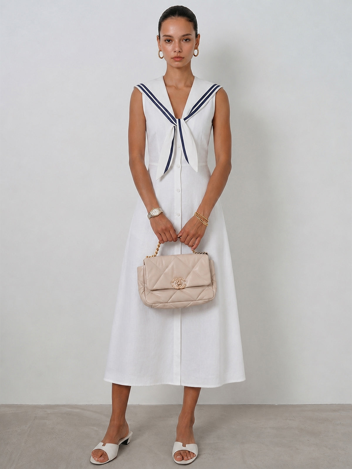 Sleeveless Sailor Collar Cotton Linen Midi Dress for Women Casual Summer