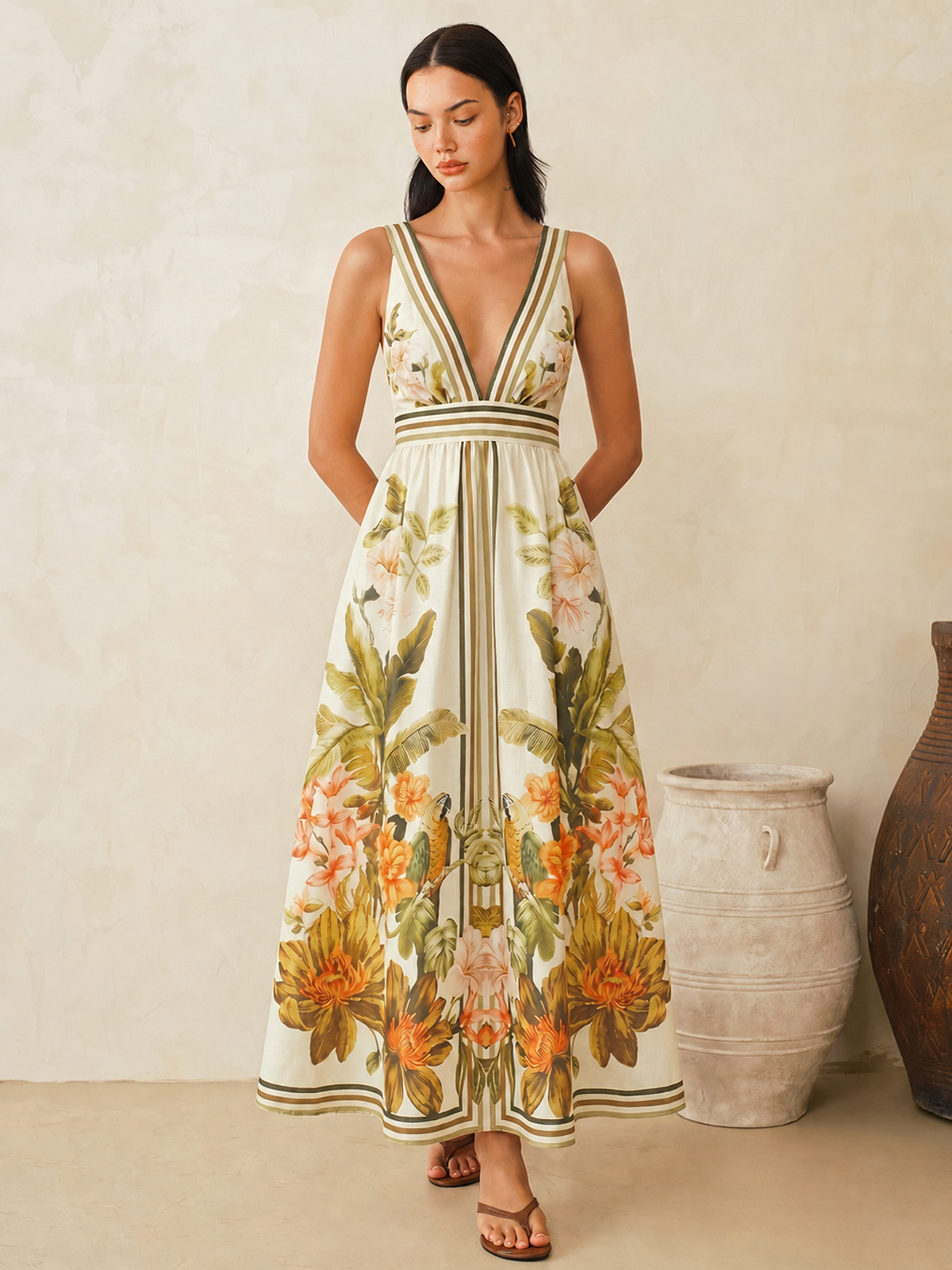 Tropical Floral Print Deep V-Neck Maxi Dress with Flowing Skirt