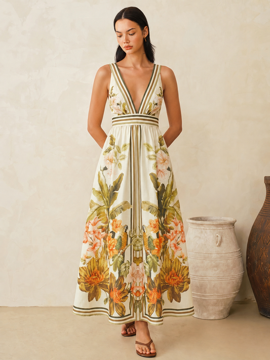 Tropical Floral Print Deep V-Neck Maxi Dress with Flowing Skirt