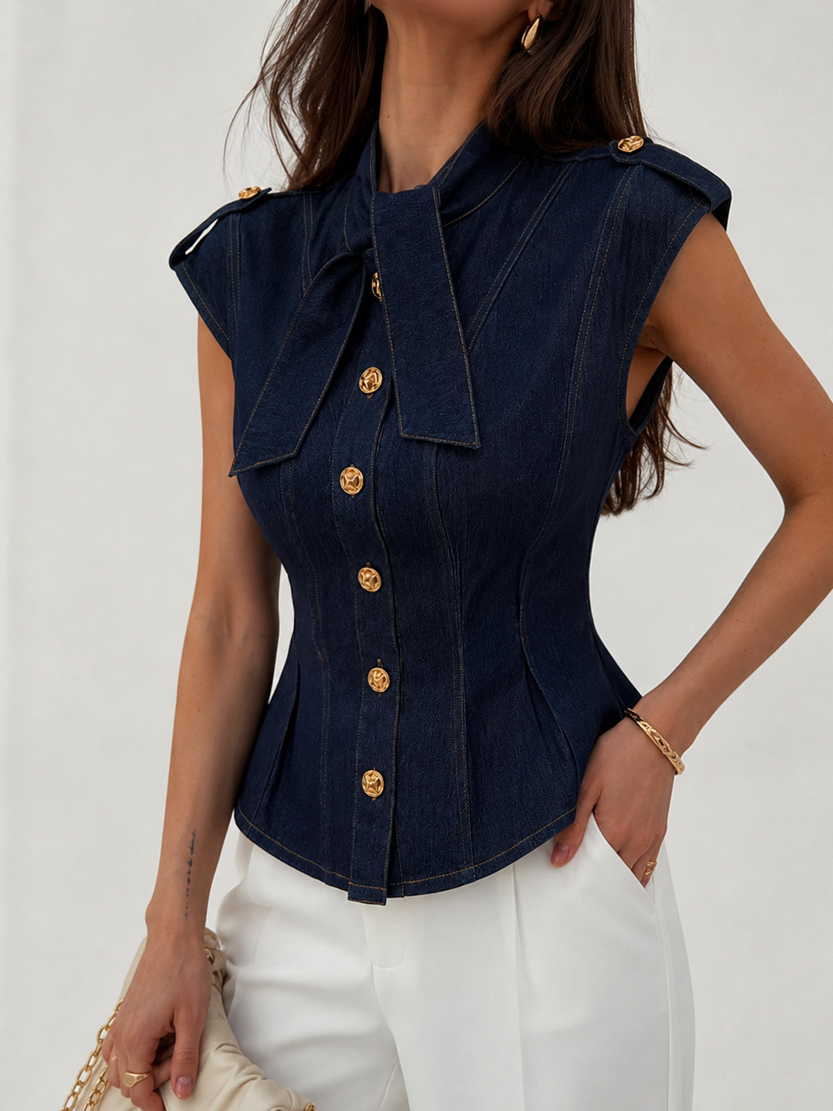 Tie Neck Epaulette Waist-Cinched Denim Blouse Women's Casual Fashion Top