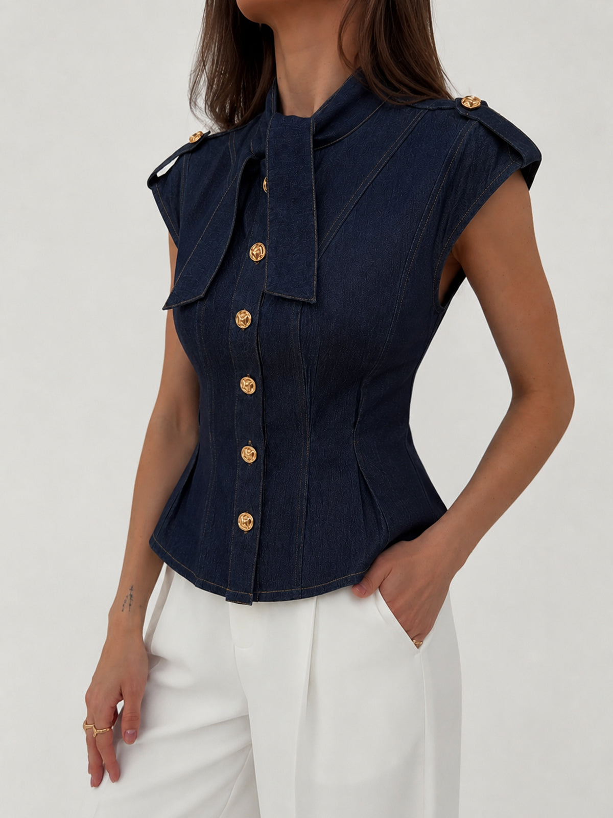 Tie Neck Epaulette Waist-Cinched Denim Blouse Women's Casual Fashion Top