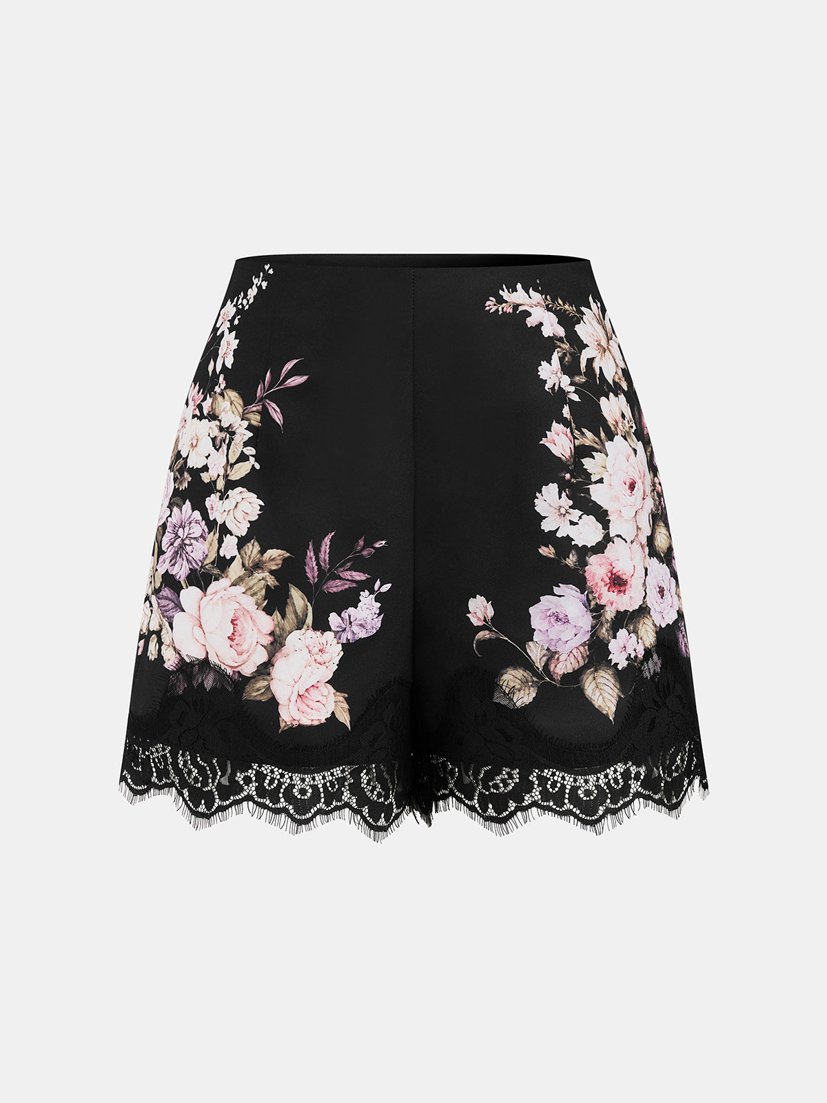 Floral Print Lace Trim Mid Waist Shorts - Women's Summer Casual Fashion