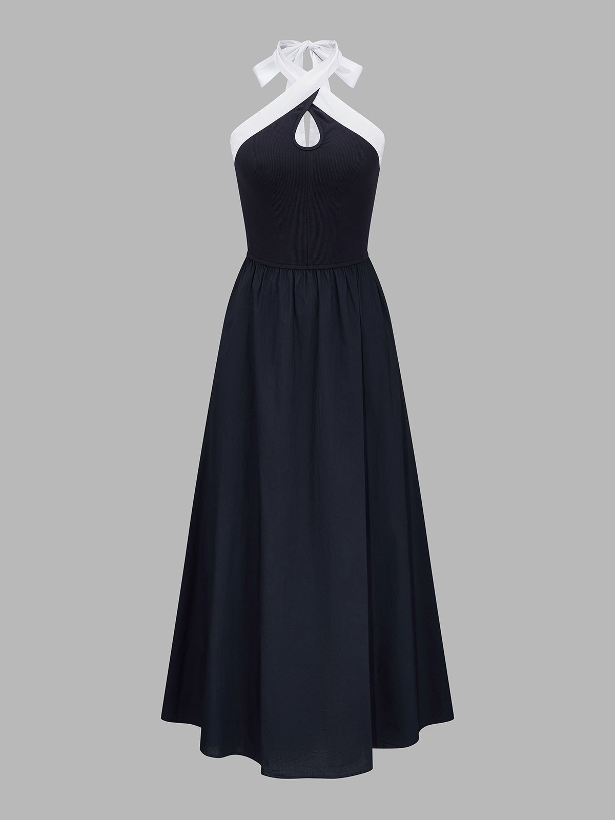 Color Block Halter Keyhole Midi Dress with Tie Waist Detail