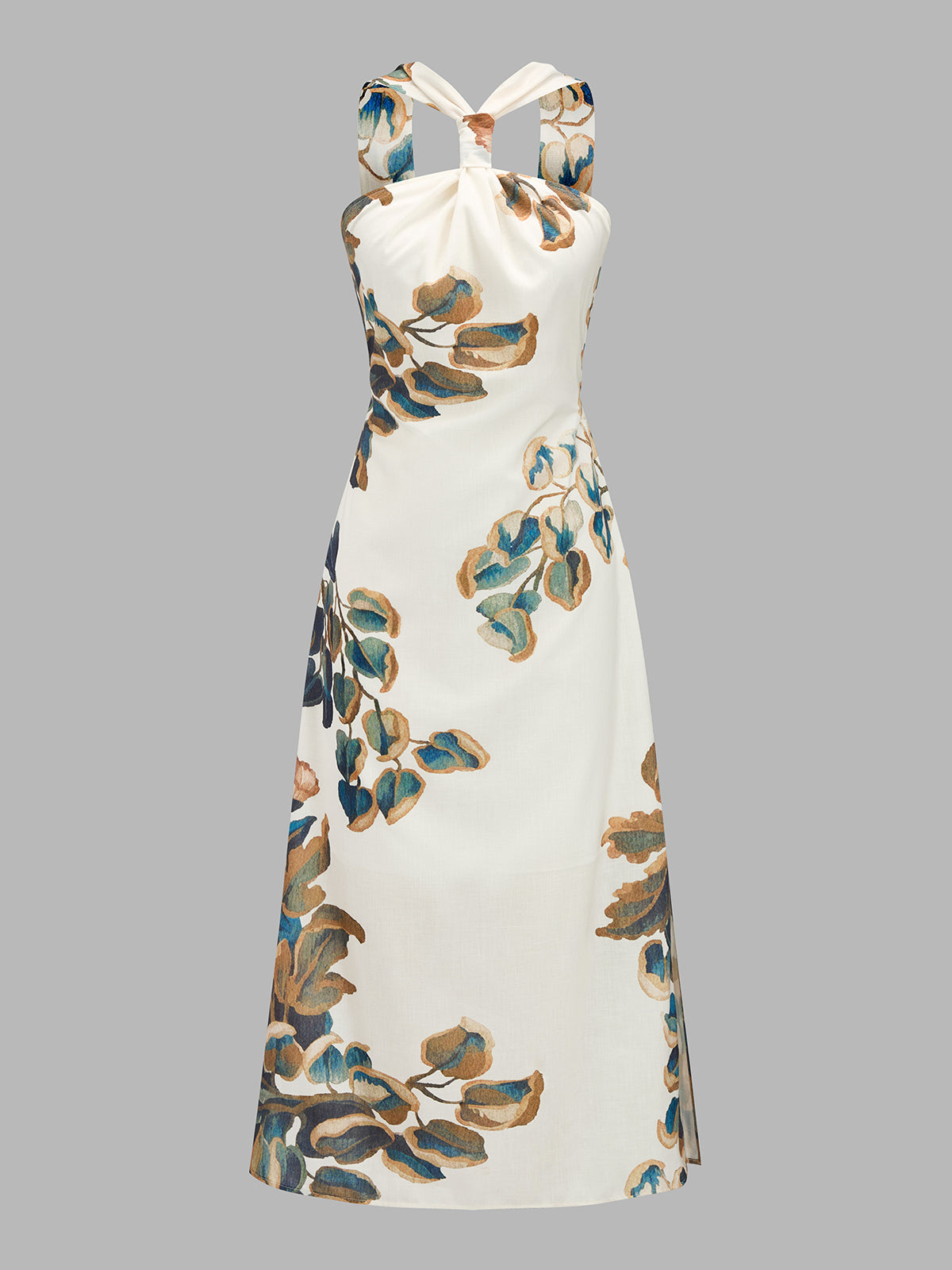 Twist Halter Leaf Print Side Slit Midi Dress for Summer Beachwear