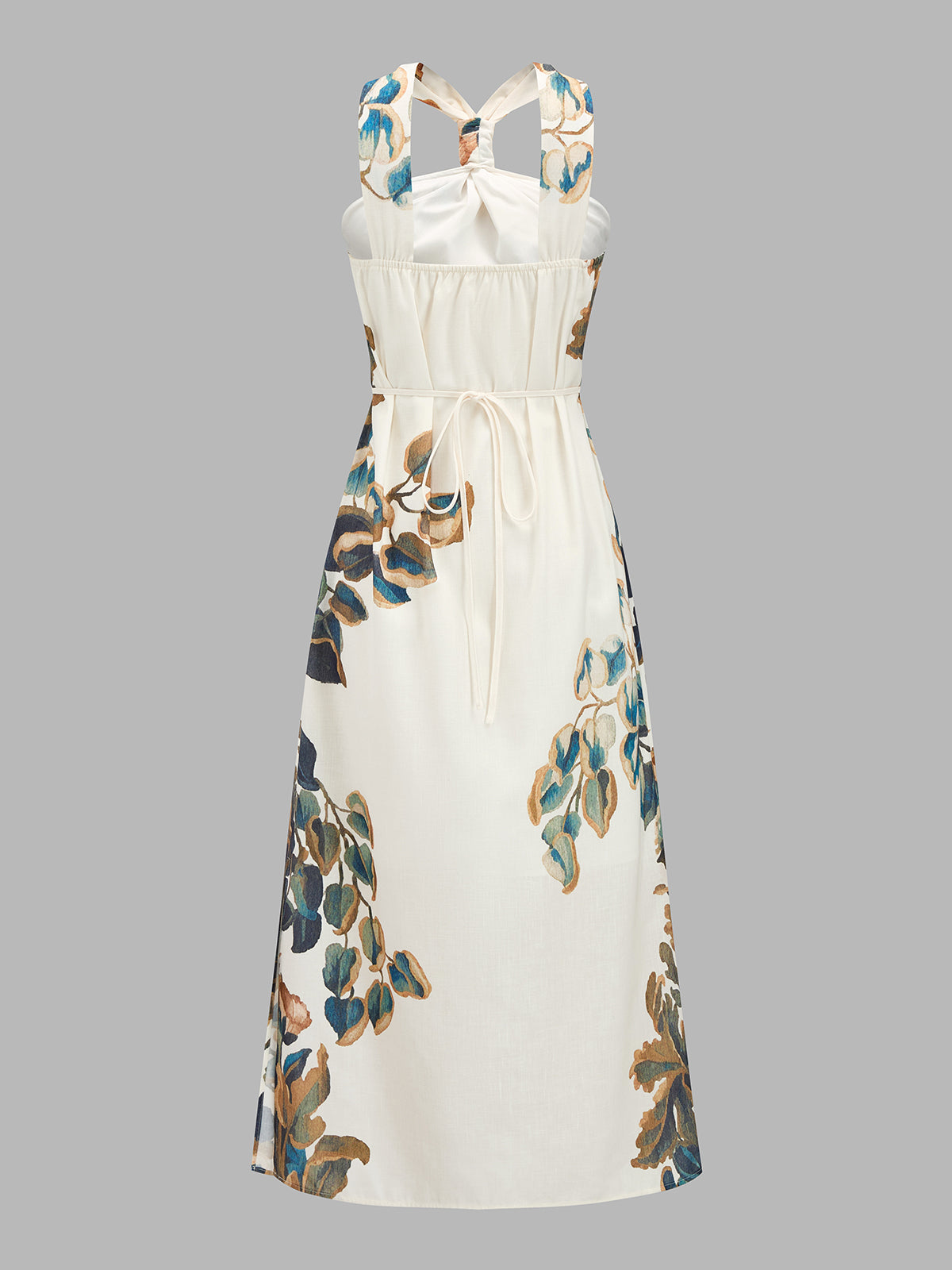 Twist Halter Leaf Print Side Slit Midi Dress for Summer Beachwear