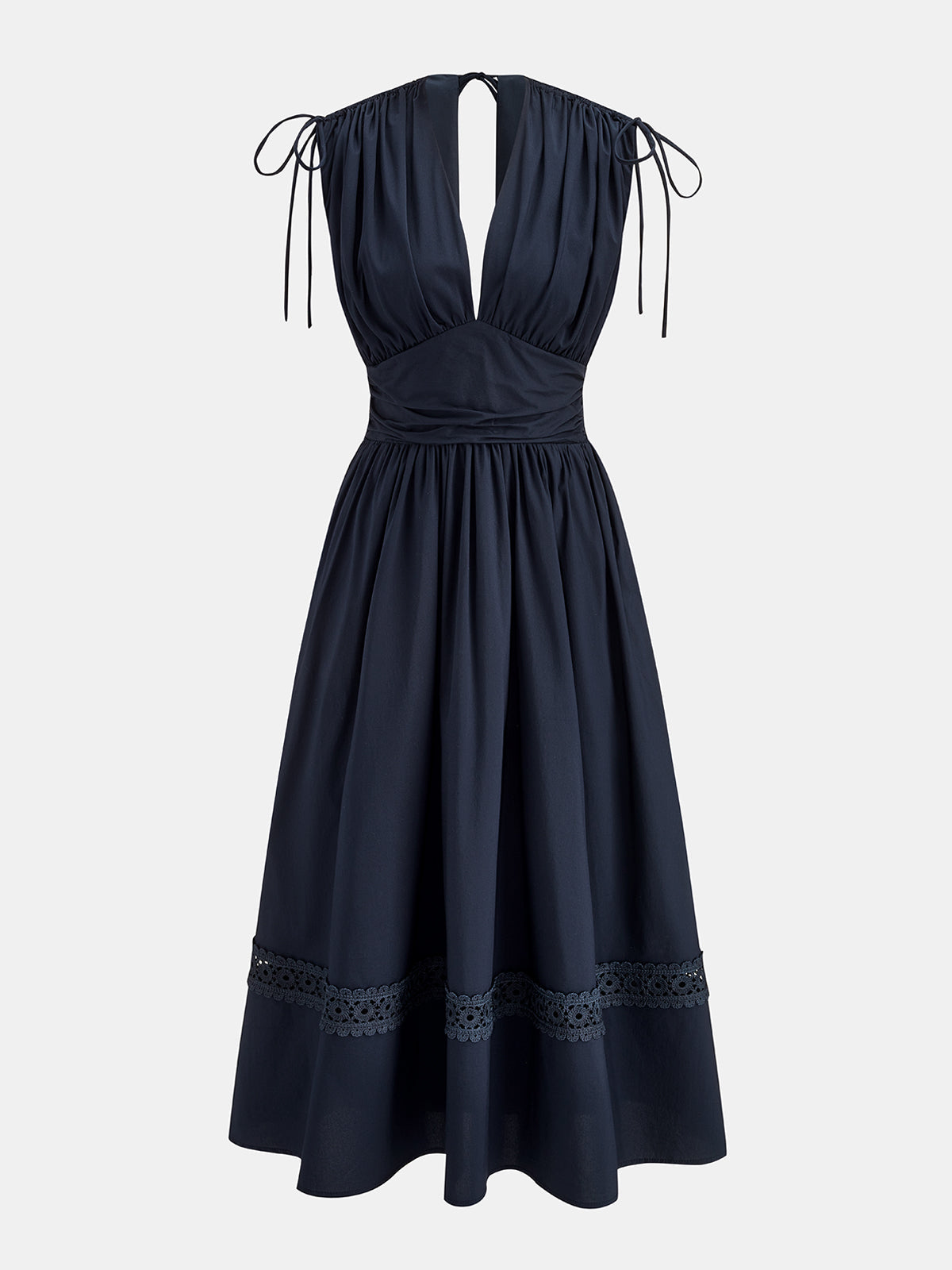 Drawstring Shoulder Lace Panel Midi Dress with Flared Sleeves and V-Neck