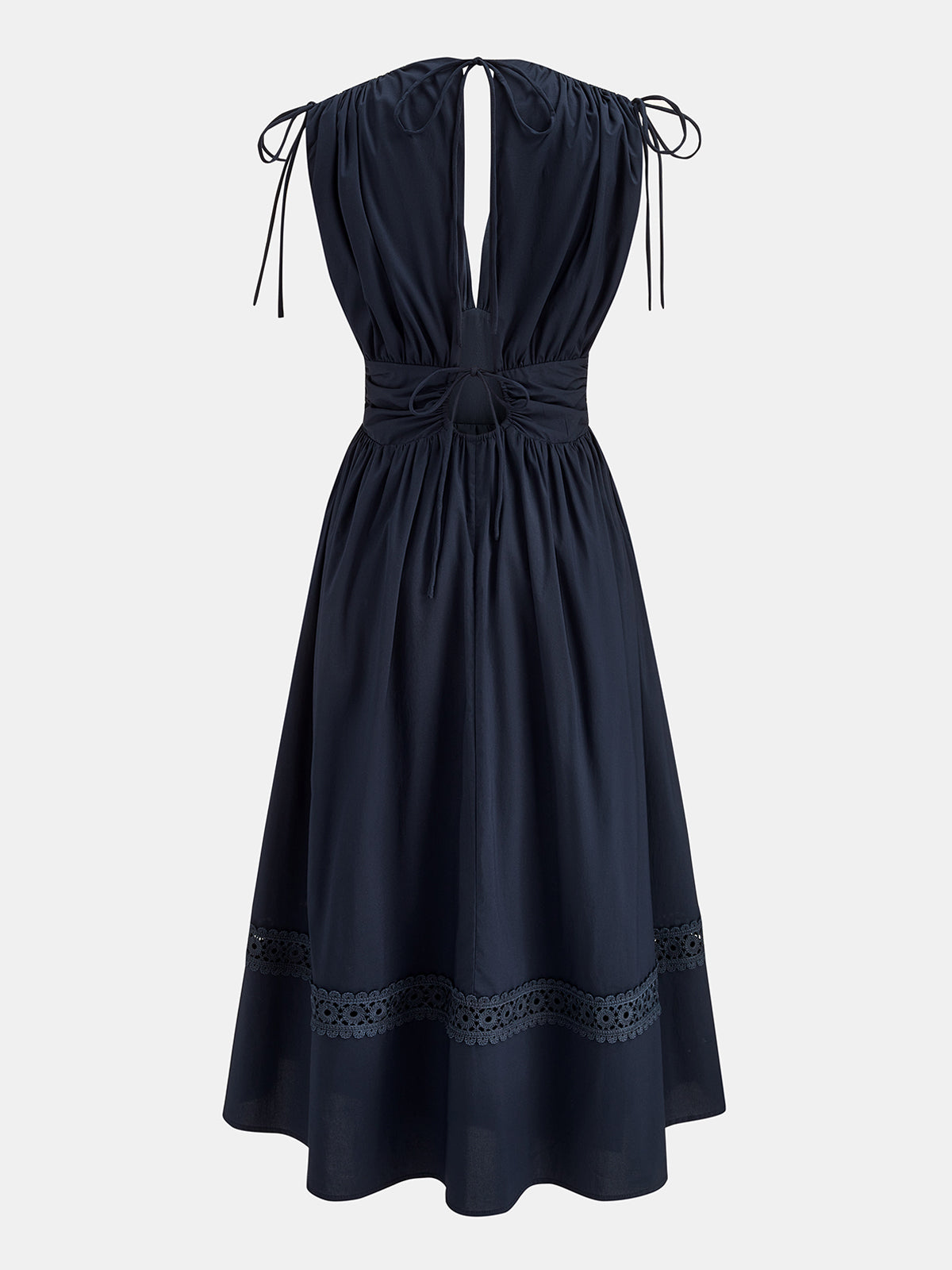 Drawstring Shoulder Lace Panel Midi Dress with Flared Sleeves and V-Neck