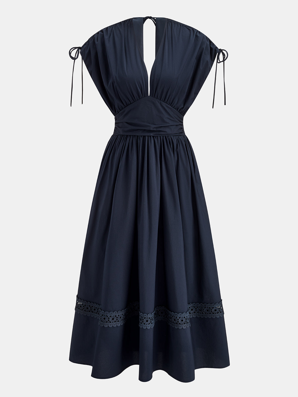 Drawstring Shoulder Lace Panel Midi Dress with Flared Sleeves and V-Neck