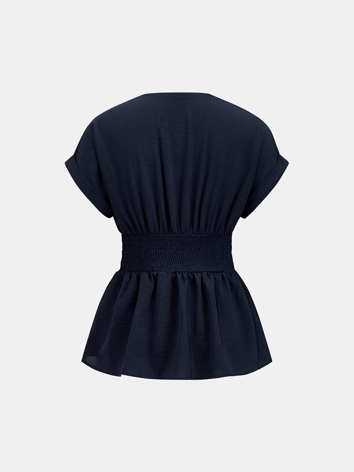 V Neck Short Sleeve Cinched Waist Peplum Blouse with Ruffle Detail