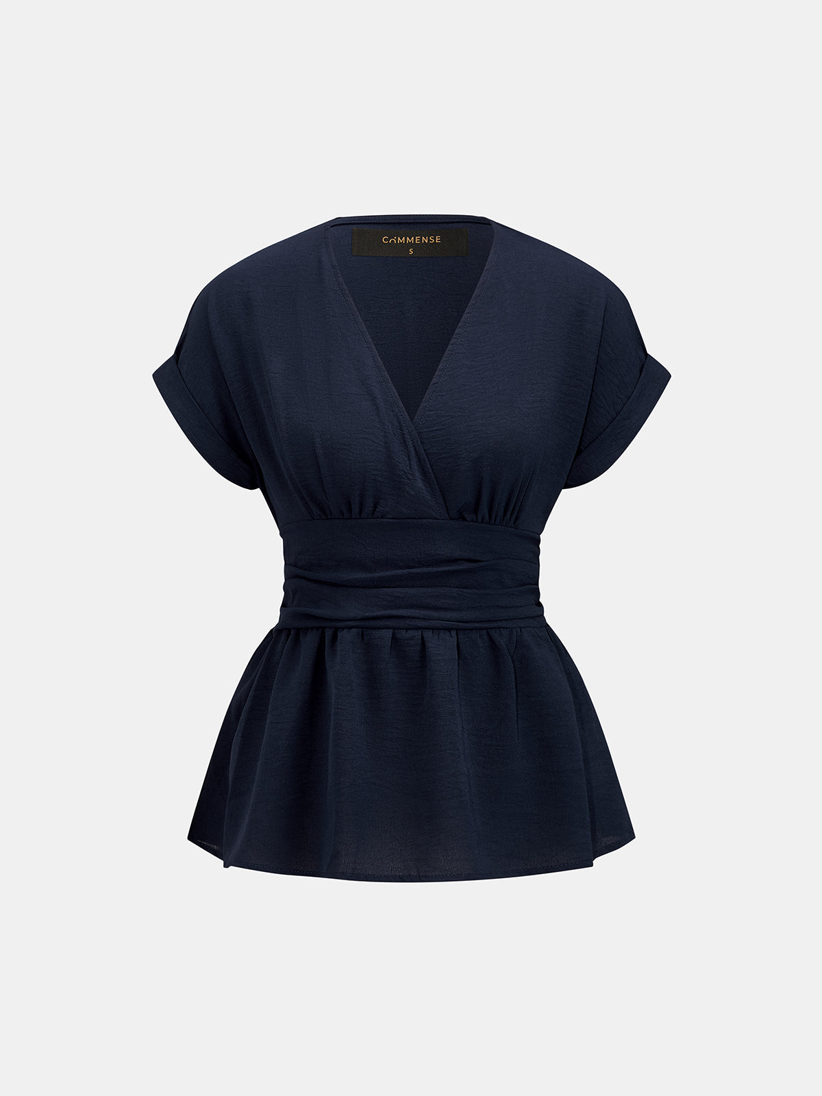 V Neck Short Sleeve Cinched Waist Peplum Blouse with Ruffle Detail