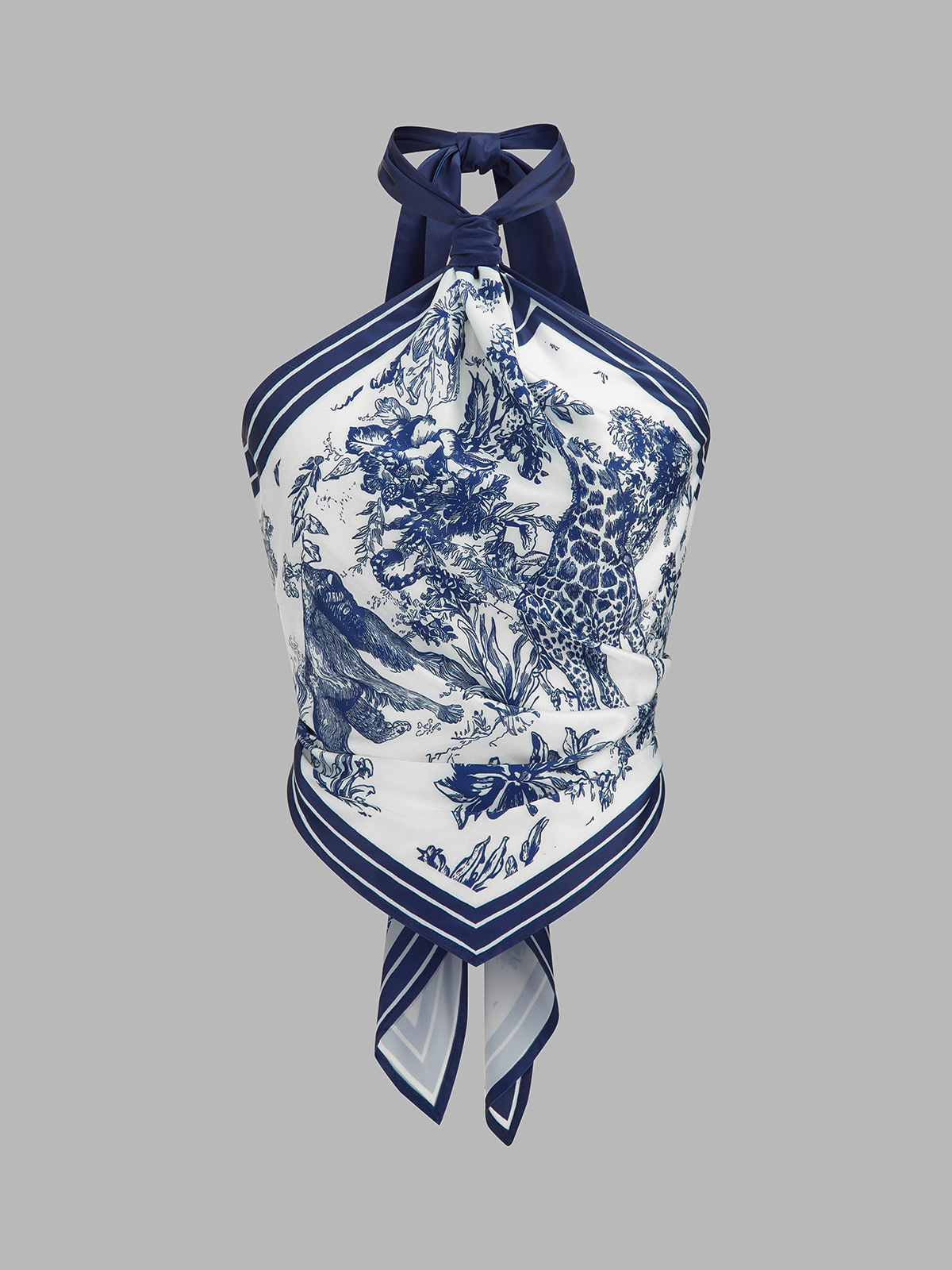 Porcelain Print Scarf Style Halter Blouse Fashionable Women's Summer Top
