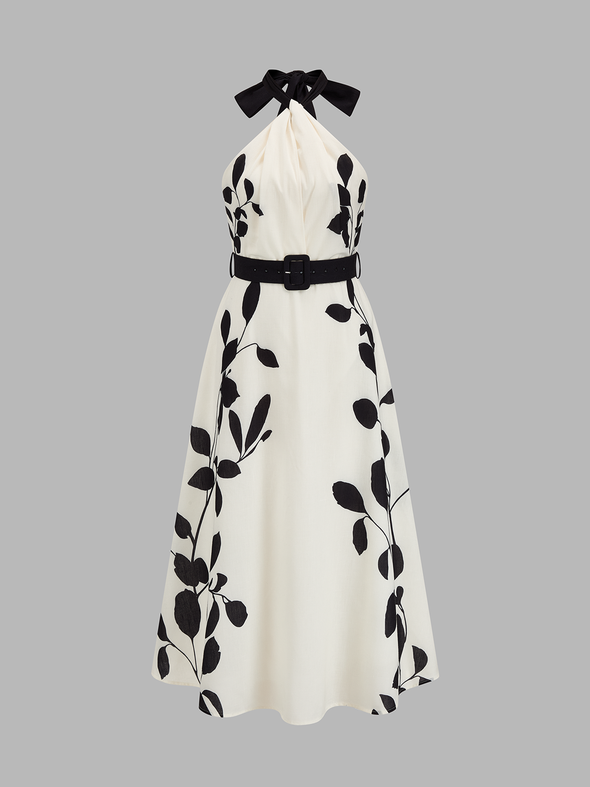 Belted Halter Leaf Print Midi Dress with Adjustable Straps and Flared Hem