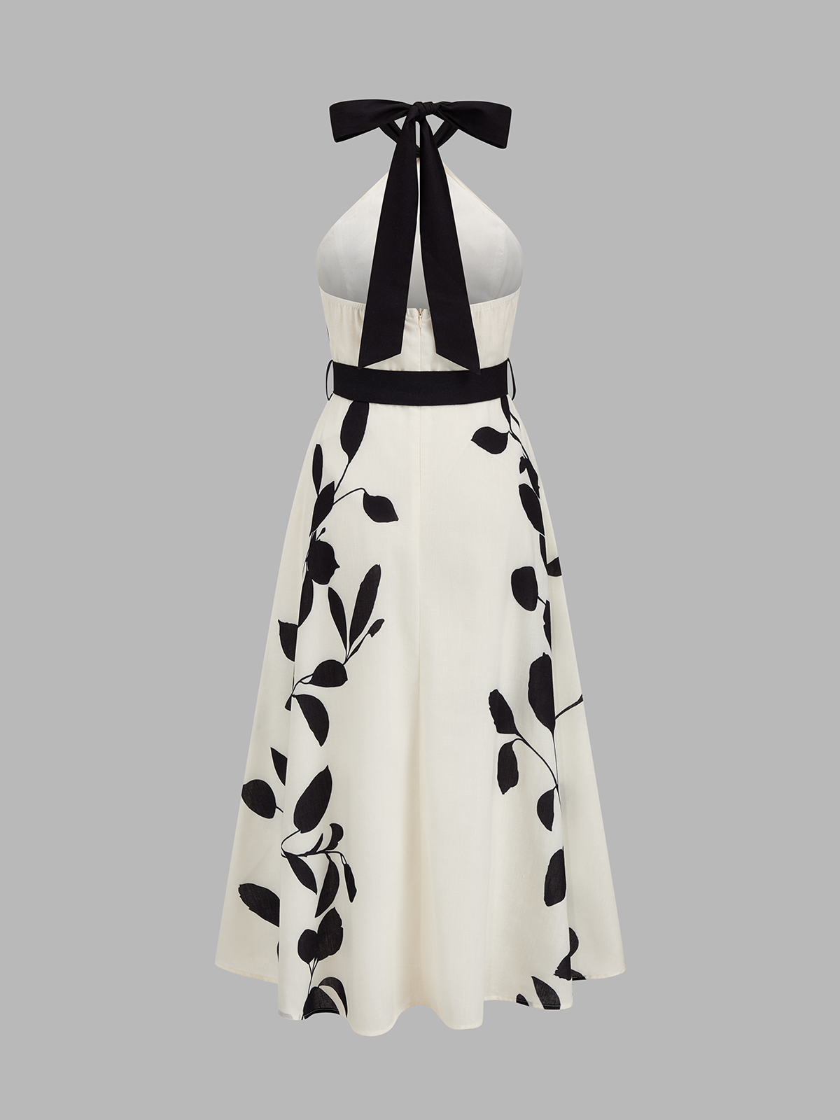 Belted Halter Leaf Print Midi Dress with Adjustable Straps and Flared Hem