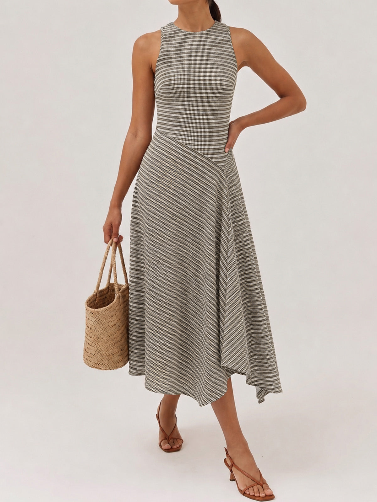 Textured Striped Sleeveless Asymmetrical Dress Women's Chic Summer Outfit