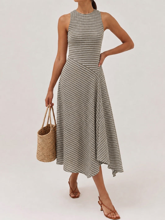 Textured Striped Sleeveless Asymmetrical Dress Women's Chic Summer Outfit
