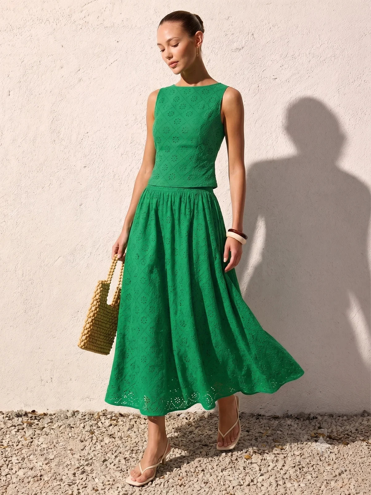 Eyelet Embroidered Top & Midi Skirt Set for Women Casual Wear