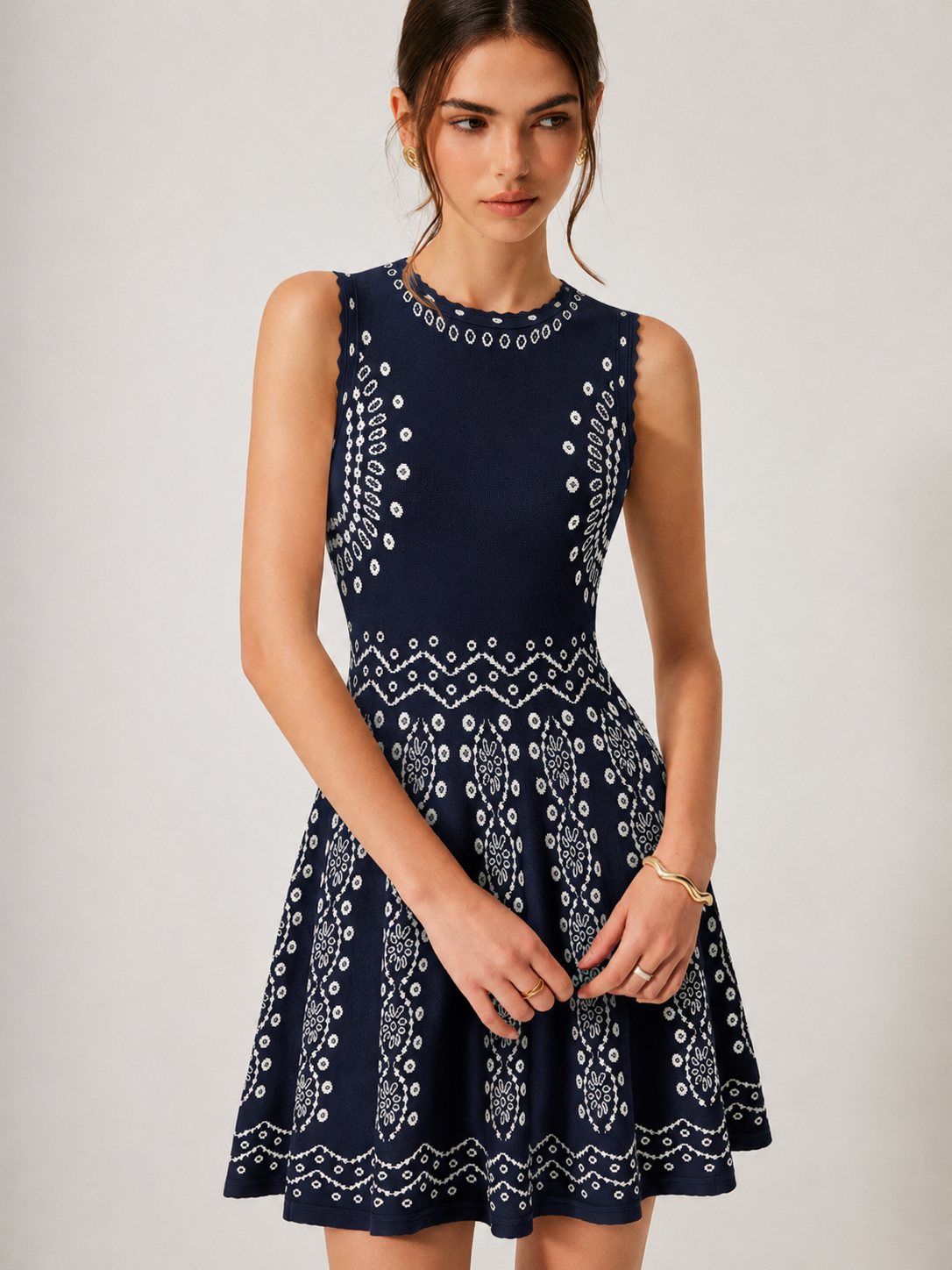 Scallop Trim Ethnic Pattern Knit Mini Dress - Boho Style Comfort Fit