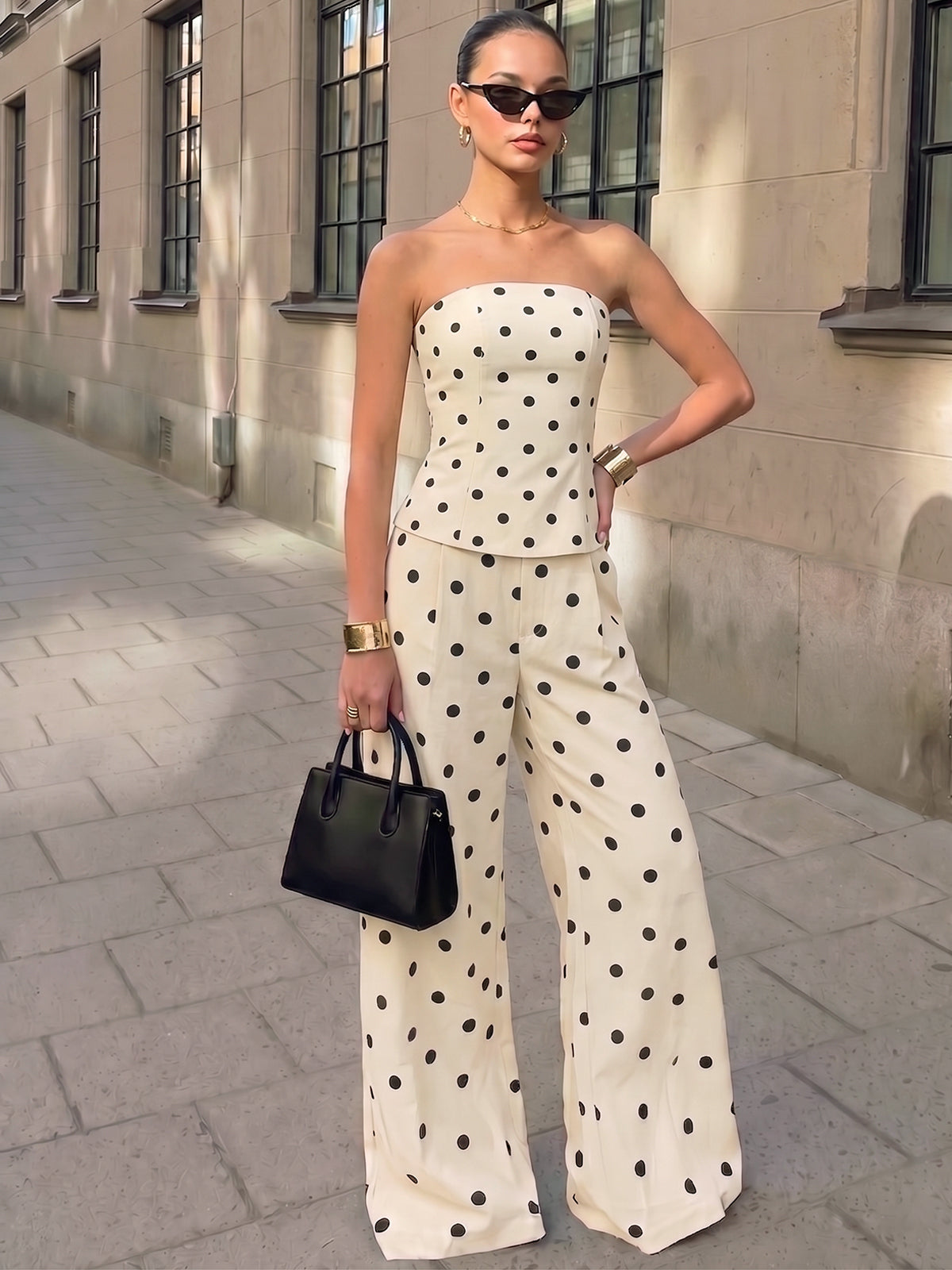 Polka Dot Strapless Top & High-Waisted Pants Set for Women