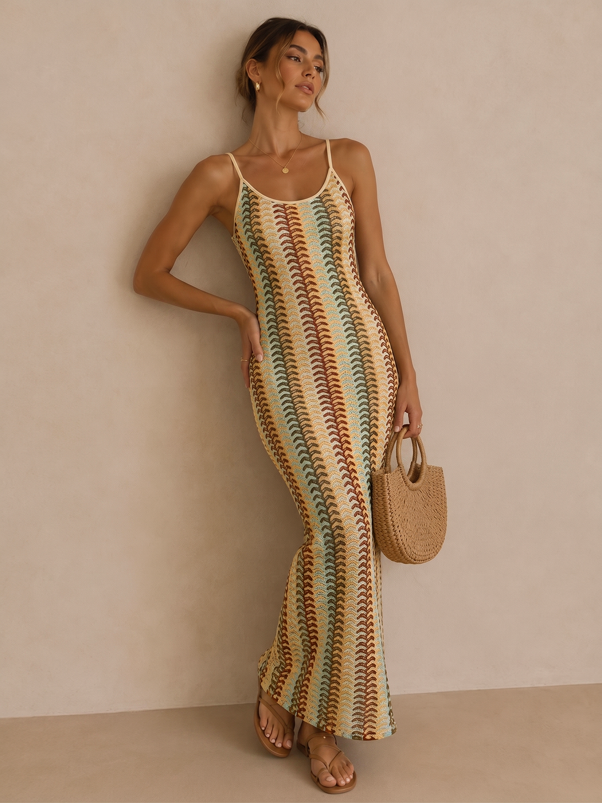 Multicolor Striped Knit Midi Cami Dress for Summer Casual Wear