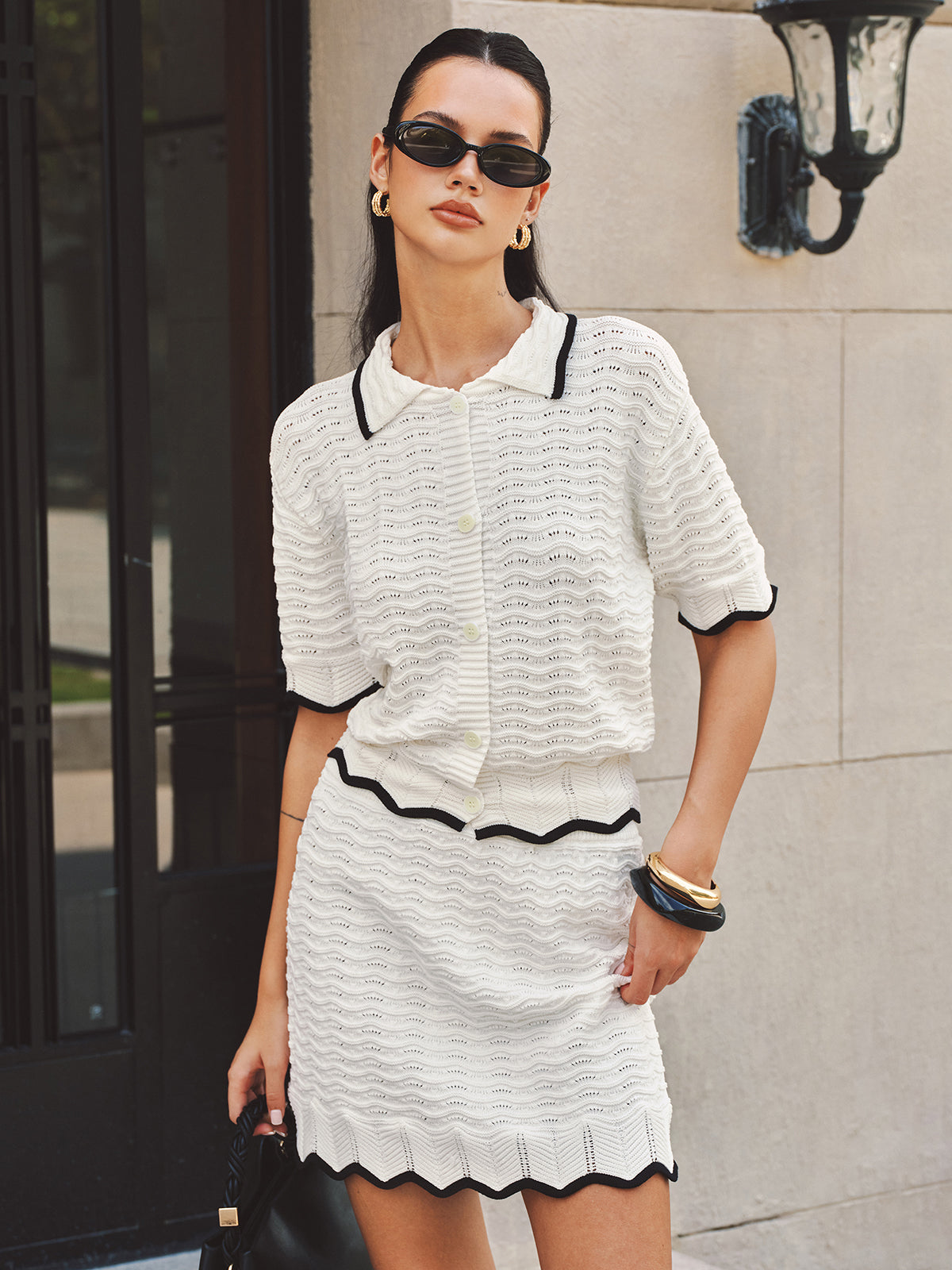 Textured Contrast Trim Open-Knit Co-ords Set for Stylish Layering Outfits