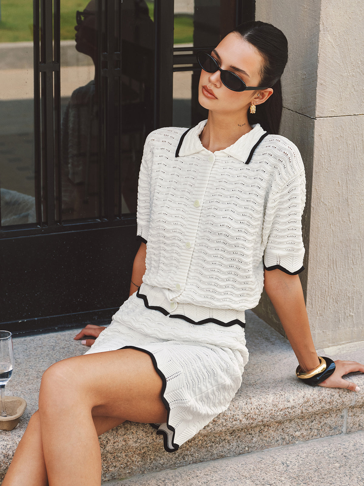 Textured Contrast Trim Open-Knit Co-ords Set for Stylish Layering Outfits