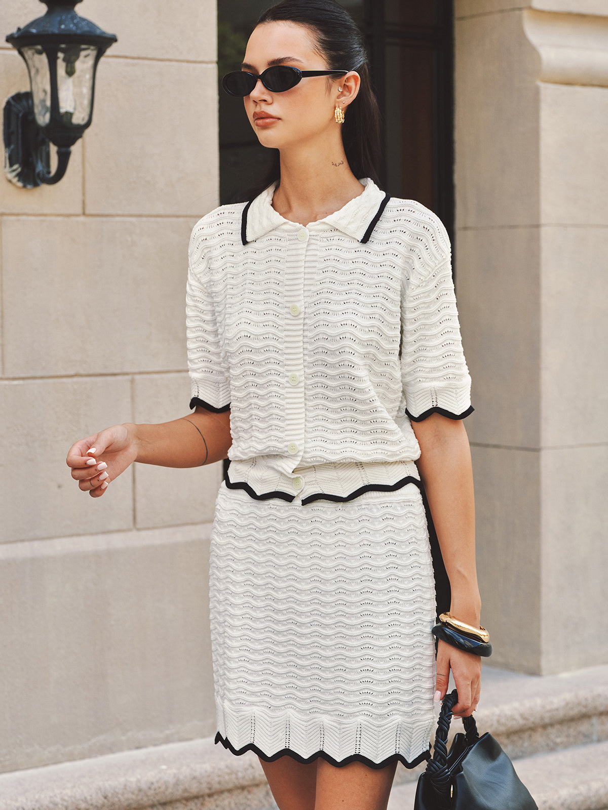 Textured Contrast Trim Open-Knit Co-ords Set for Stylish Layering Outfits