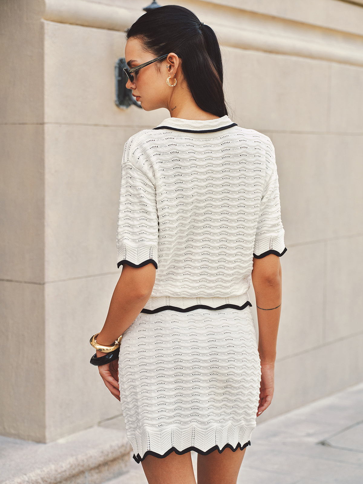 Textured Contrast Trim Open-Knit Co-ords Set for Stylish Layering Outfits