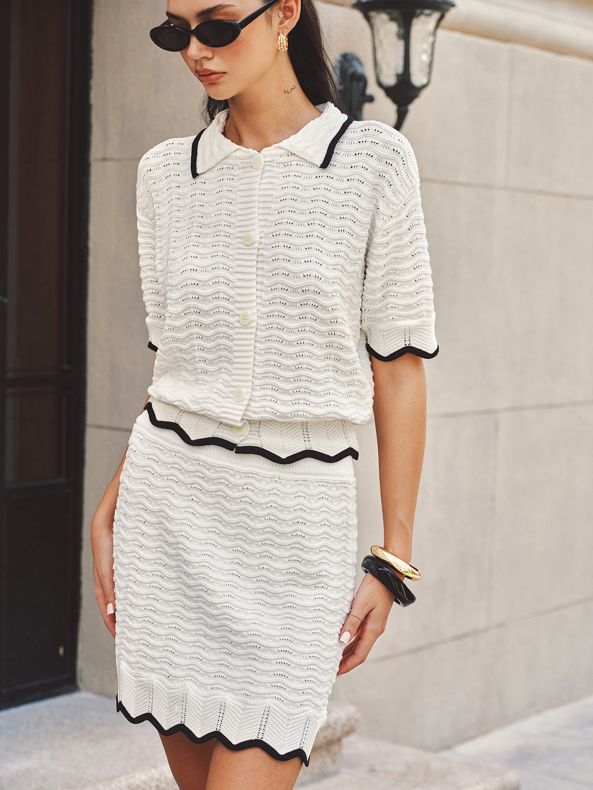 Textured Contrast Trim Open-Knit Co-ords Set for Stylish Layering Outfits