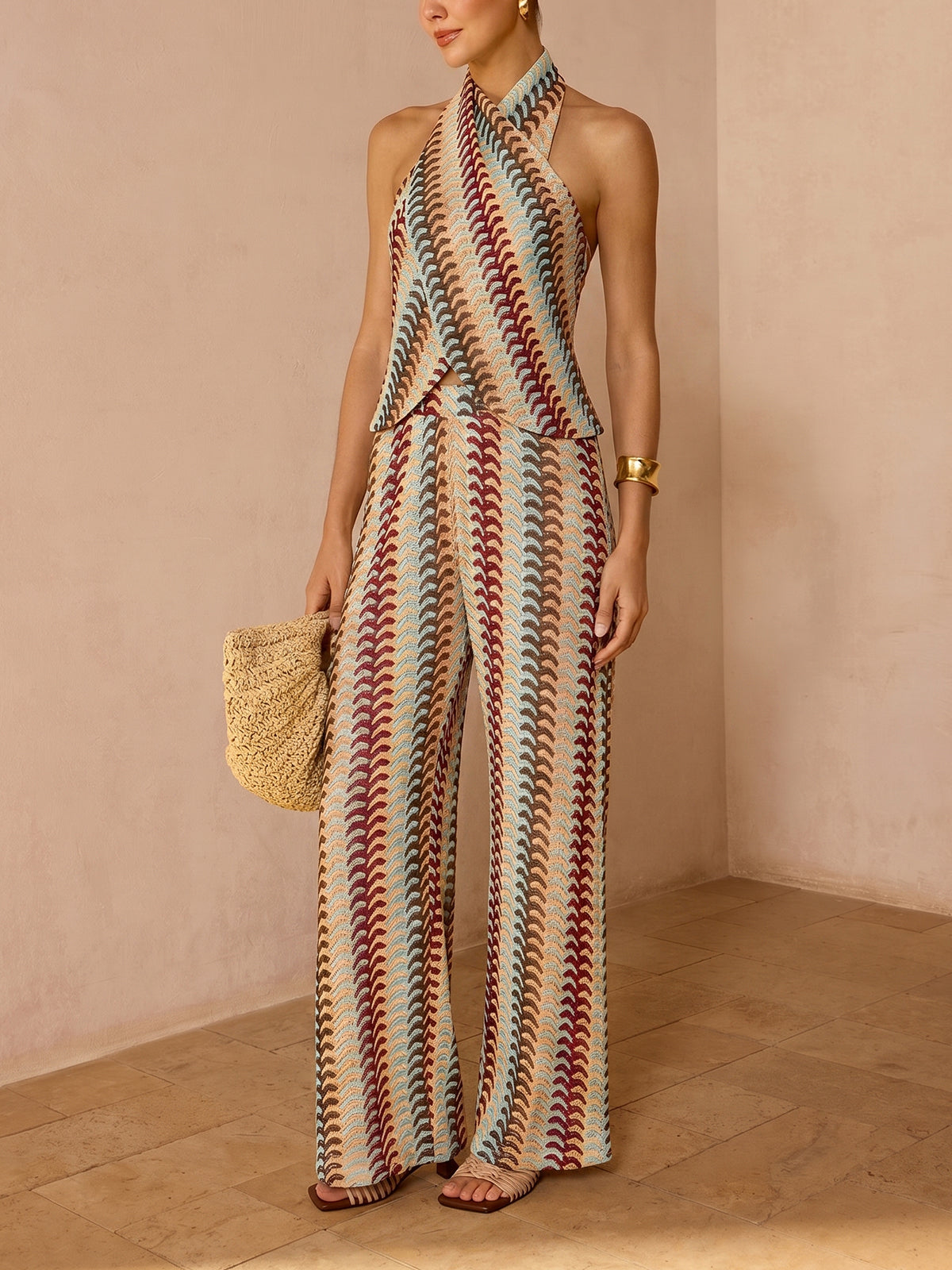 Multicolor Striped Knit Halter Top & Pants Set, Summer Beach Outfit Women