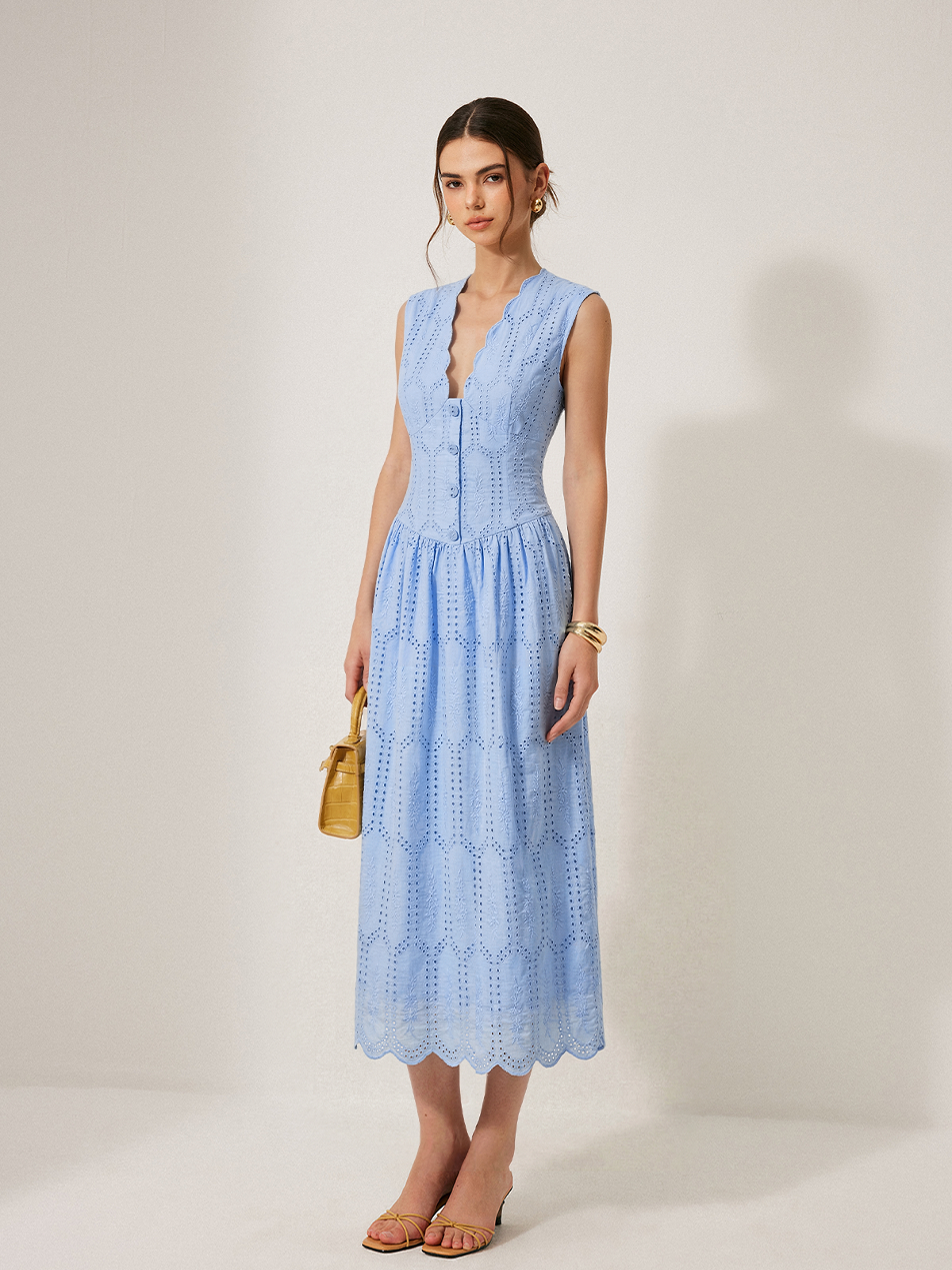 Sleeveless Embroidered Cotton Eyelet Midi Dress for Summer Weddings