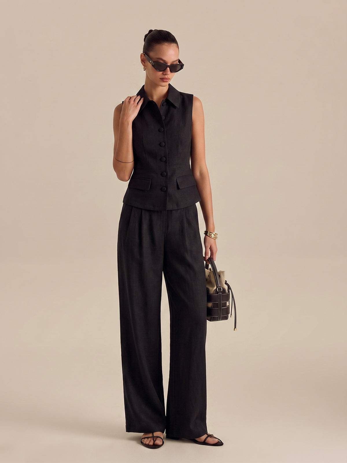 Collared Cotton Linen Vest & Pants Set for Casual Summer Wear