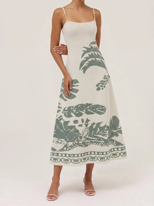Bead Strap Palm Jacquard Knit Midi Dress Elegant Summer Wear