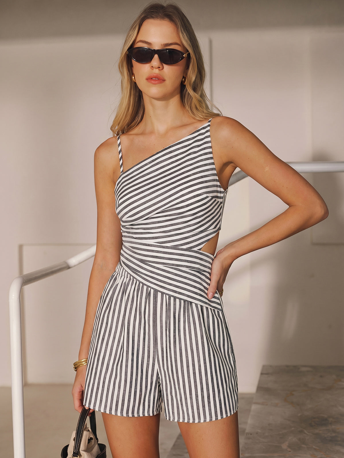 Striped Cotton Blend Cutout Top & Shorts Set for Summer Casual Wear