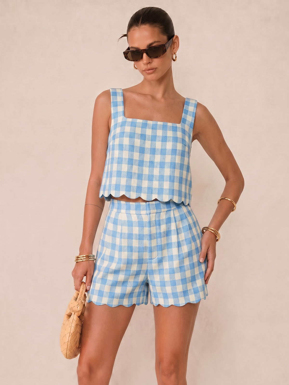 Gingham Scallop Hem Crop Top & Shorts Set for Women Summer Outfits