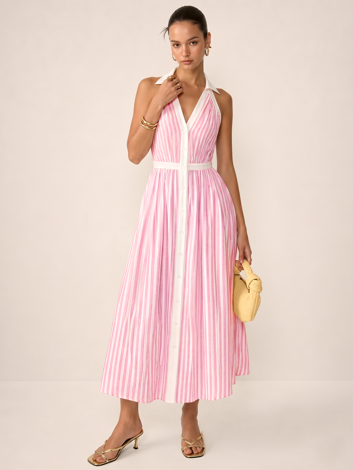 Striped Cotton Blend Collared Halter Midi Dress with Side Pockets and Belt