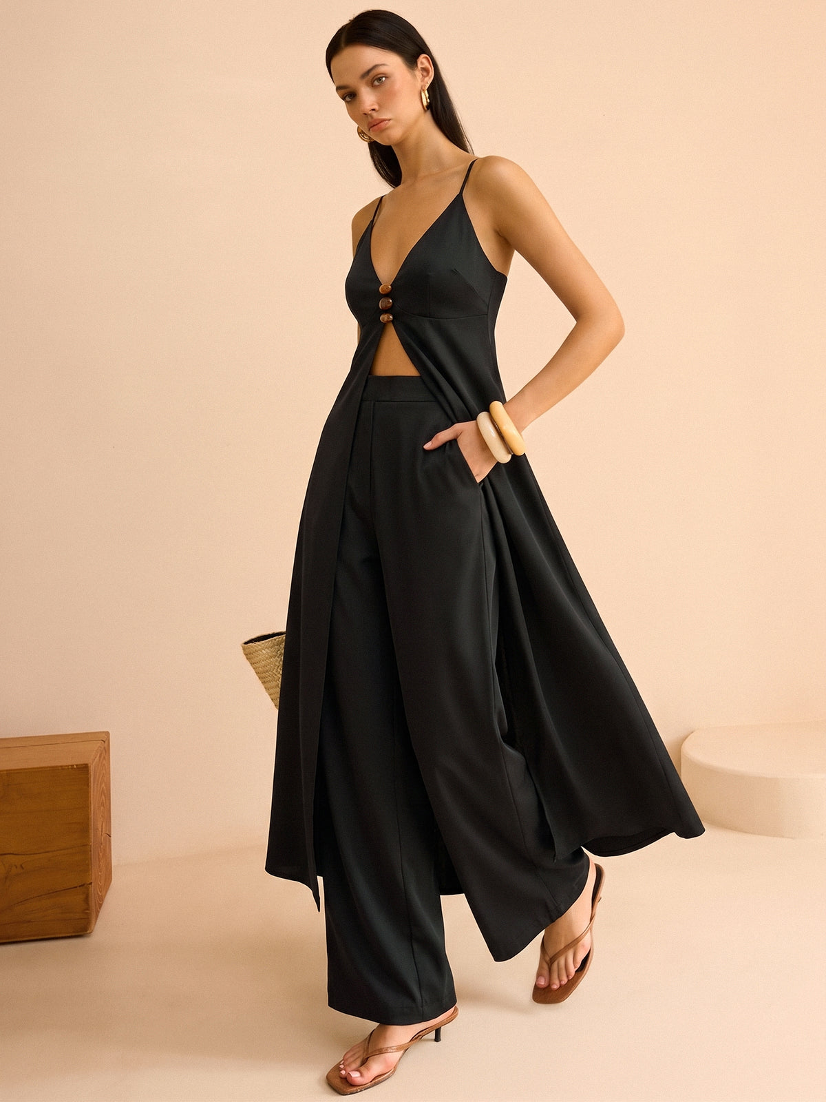 Deep V Cami Long Top & Pants Two Piece Set for Women Casual Wear