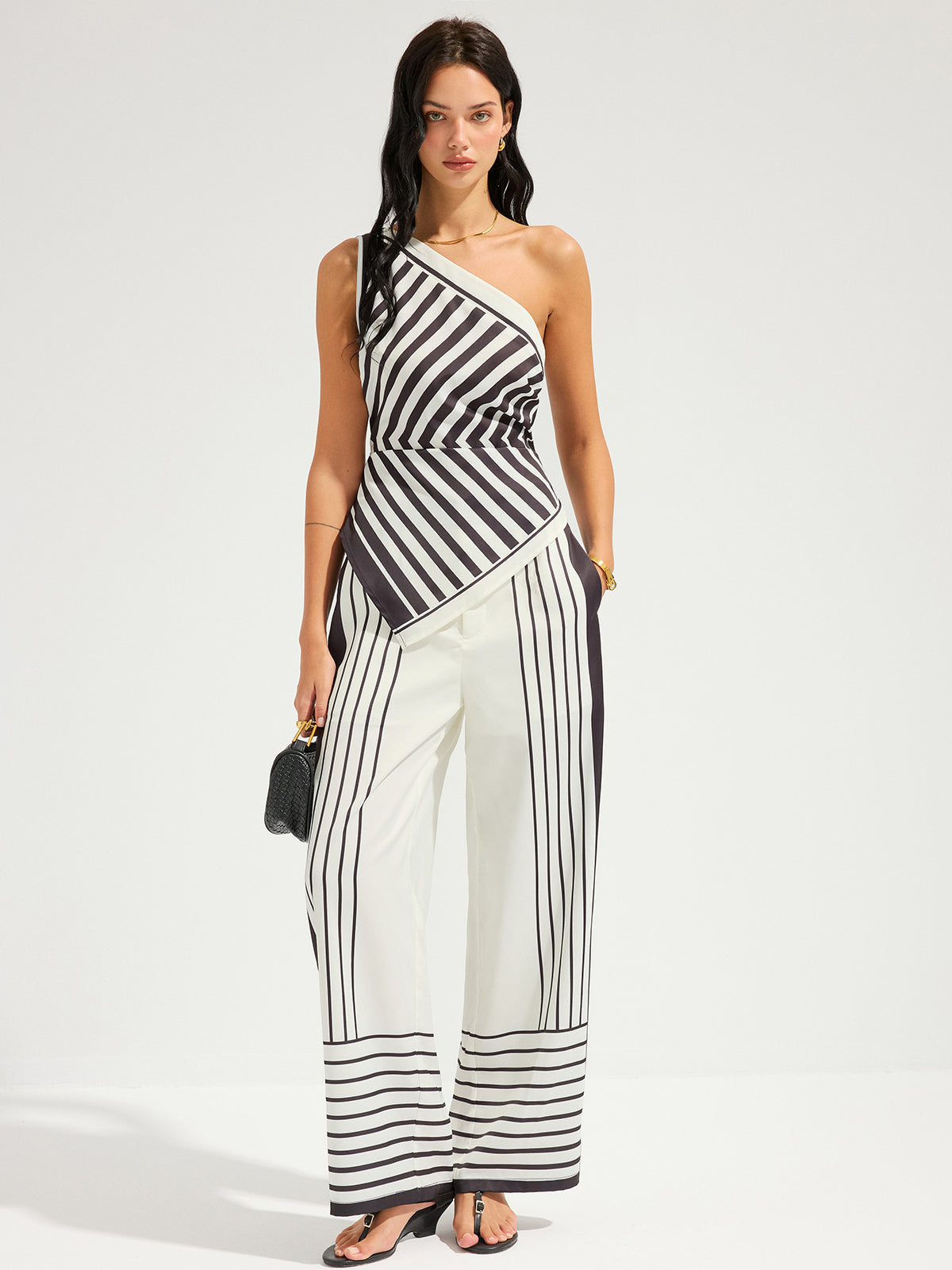 Striped One-Shoulder Top & High-Waisted Pants Outfit Set for Women
