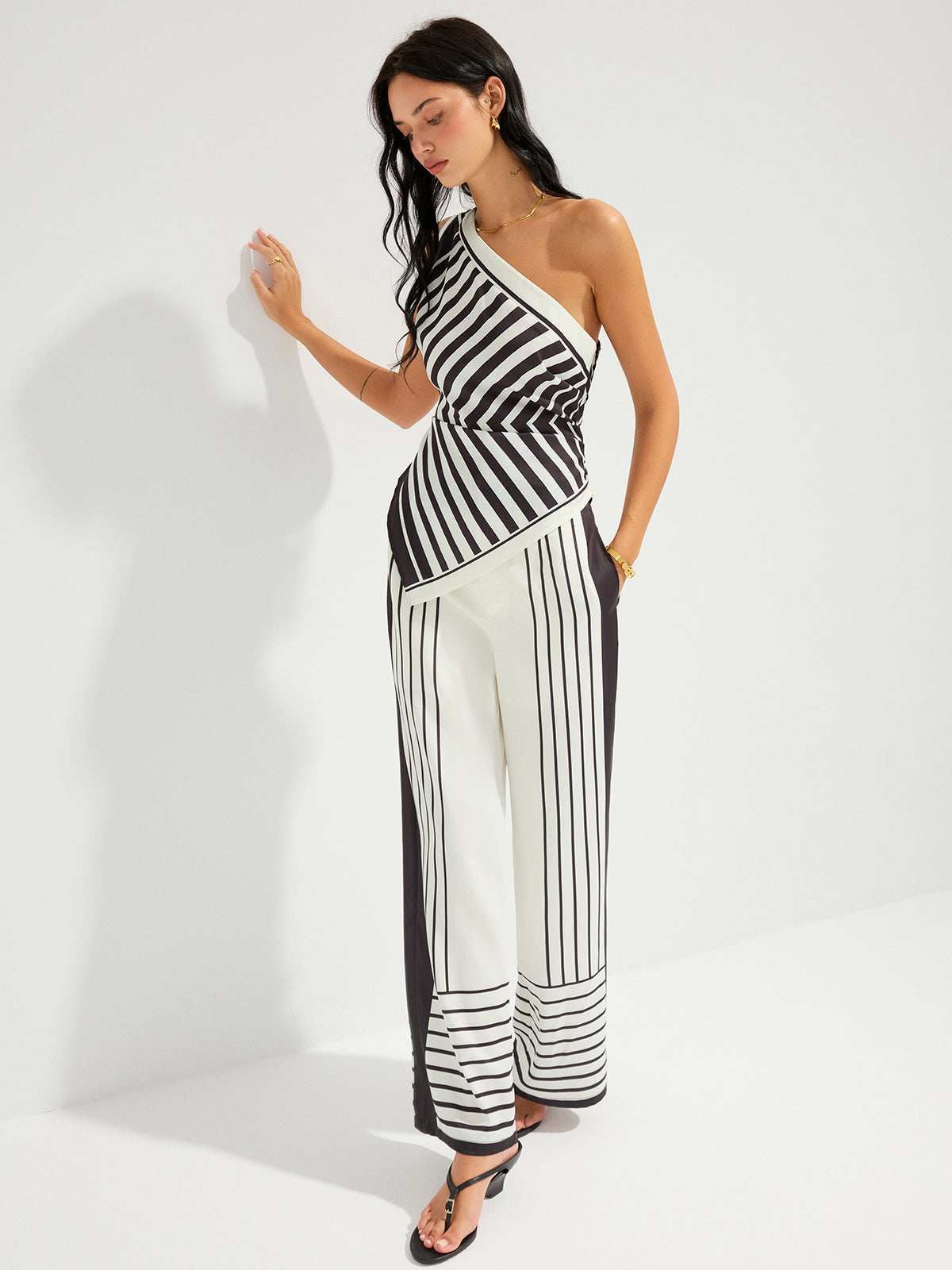 Striped One-Shoulder Top & High-Waisted Pants Outfit Set for Women