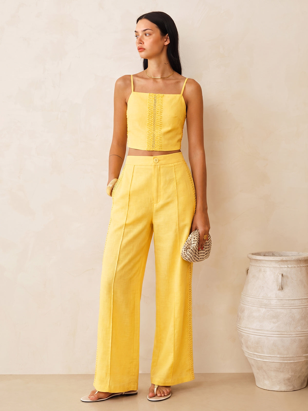 Cotton Linen Lace Trim Cami Top & Pants Set for Women Casual Summer
