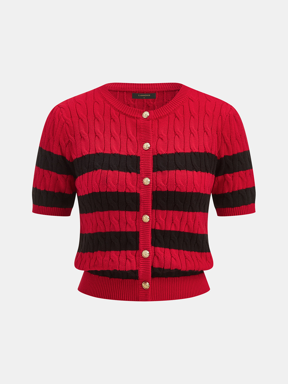 Striped Cable Knit Short Sleeve Cardigan with Button Front Closure