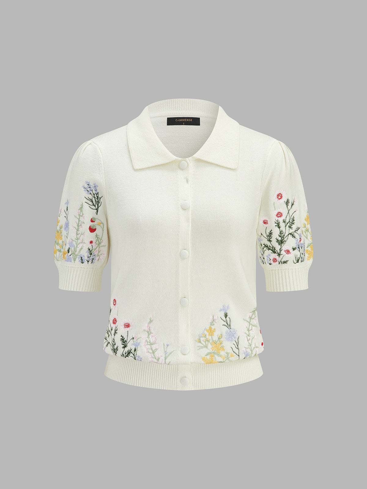 Floral Embroidery Collared Knit Cardigan Women's Lightweight Sweater