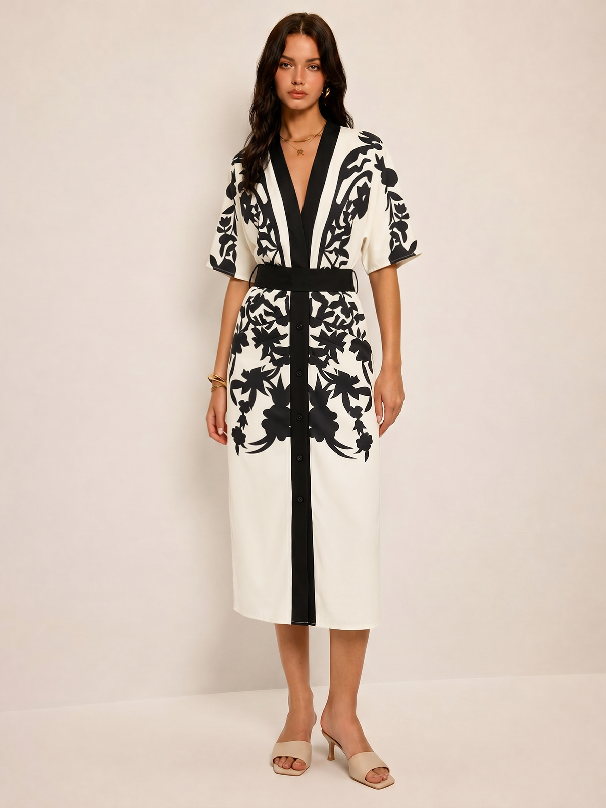 Abstract Print V-Neck Belted Midi Dress for Casual and Formal Wear
