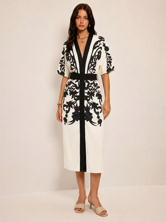 Abstract Print V-Neck Belted Midi Dress for Casual and Formal Wear