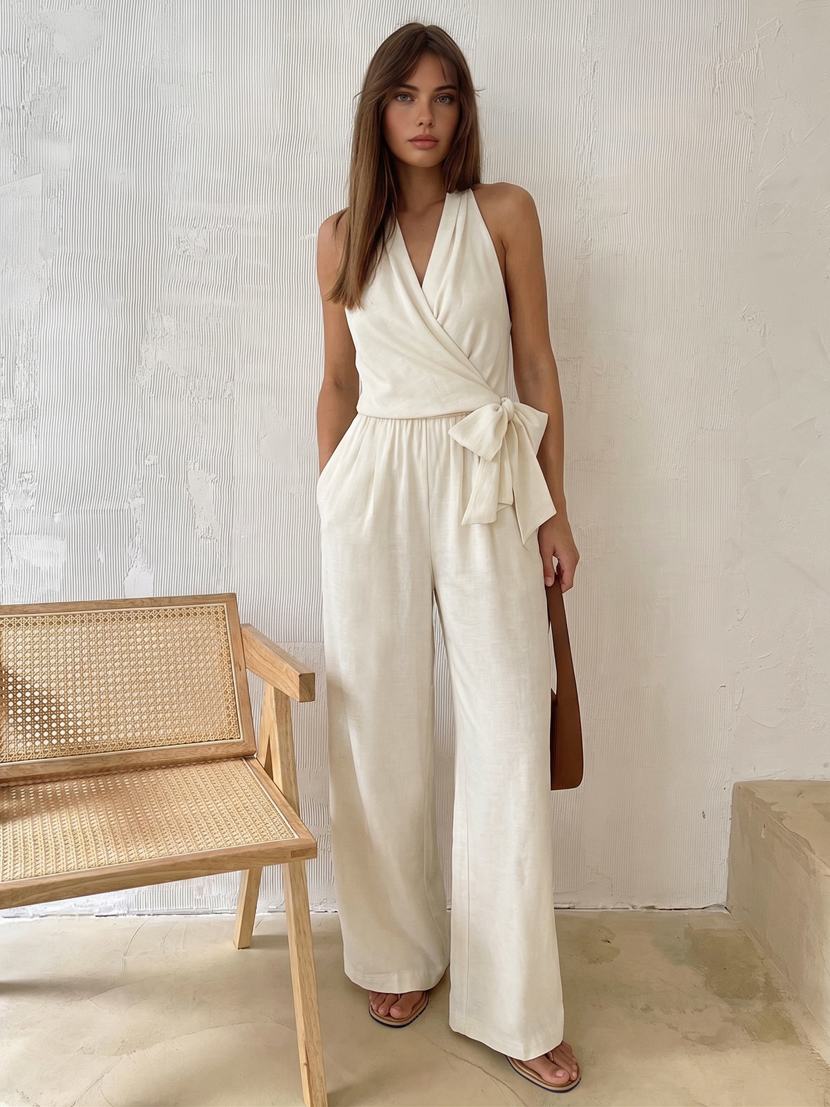 Halter Neck Tie Waist Wide Leg Jumpsuit for Women Elegant Fashion