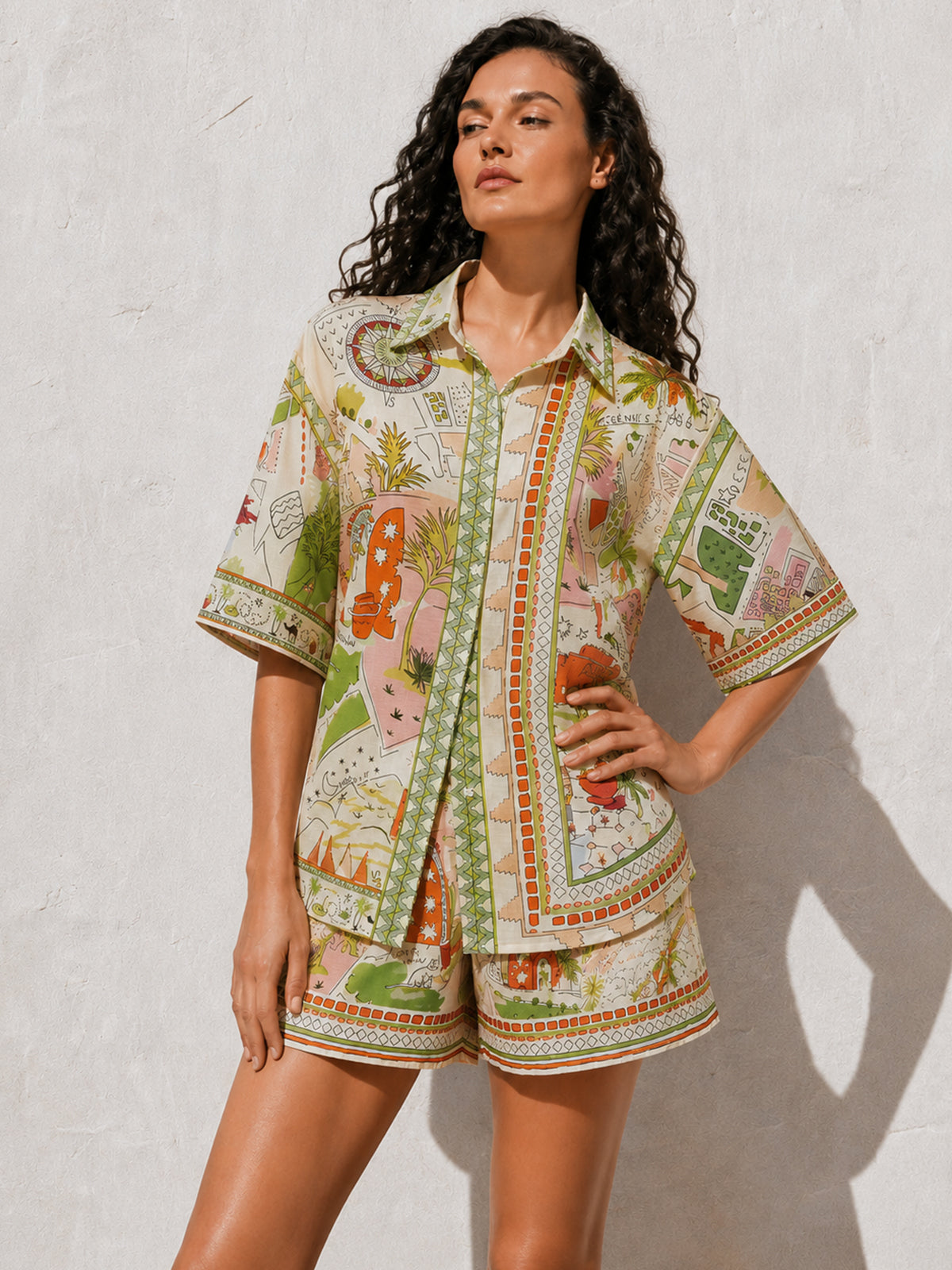 Printed Short Sleeve Shirt & Drawstring Shorts Set for Men Summer Beach Wear