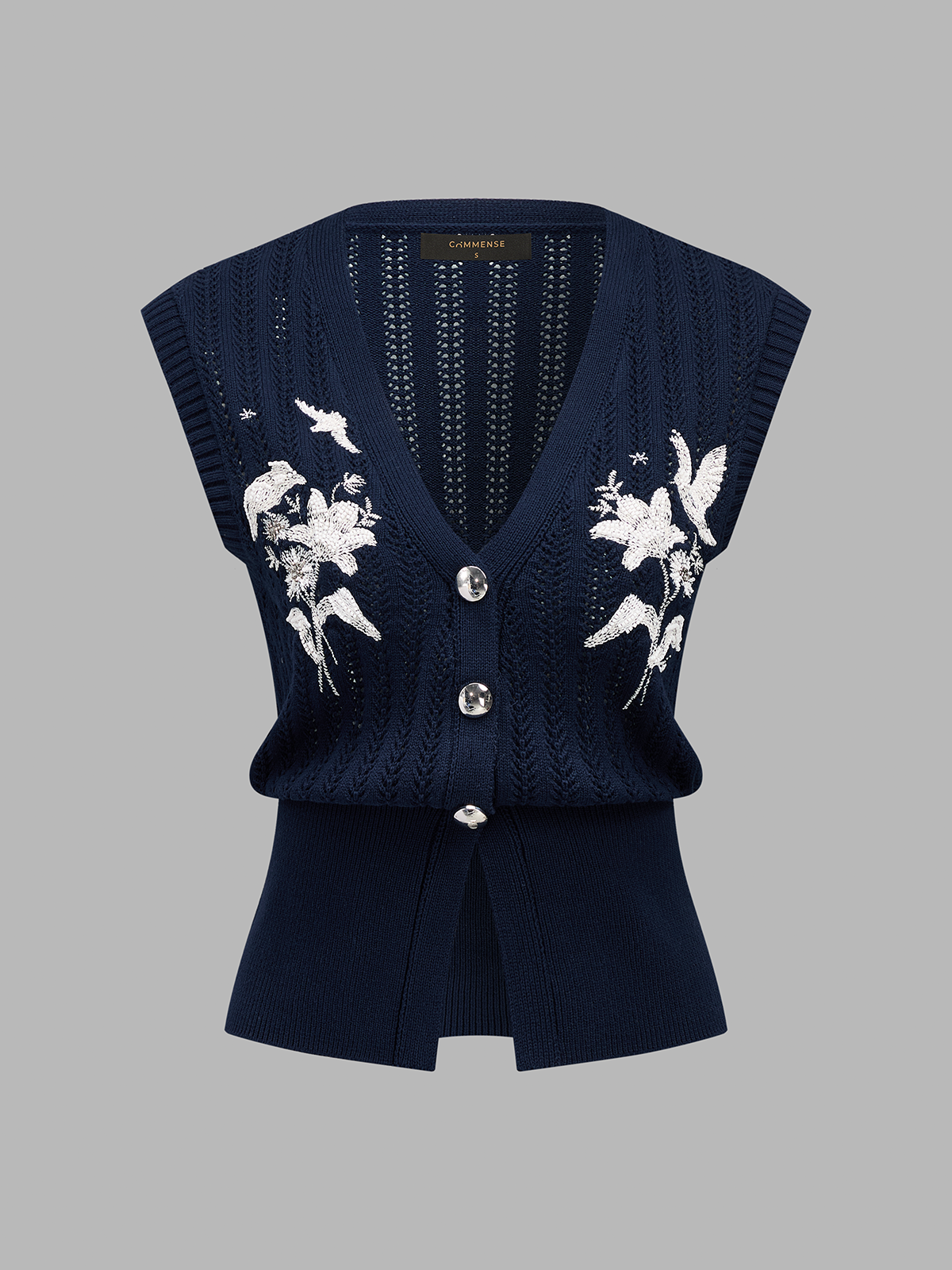 Embroidered Openwork Buttoned Knit Vest for Women Spring Casual Fashion