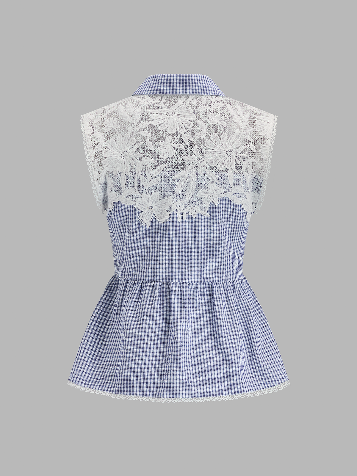Gingham Lace Panel Sleeveless Peplum Shirt with Ruffled Trim Detail