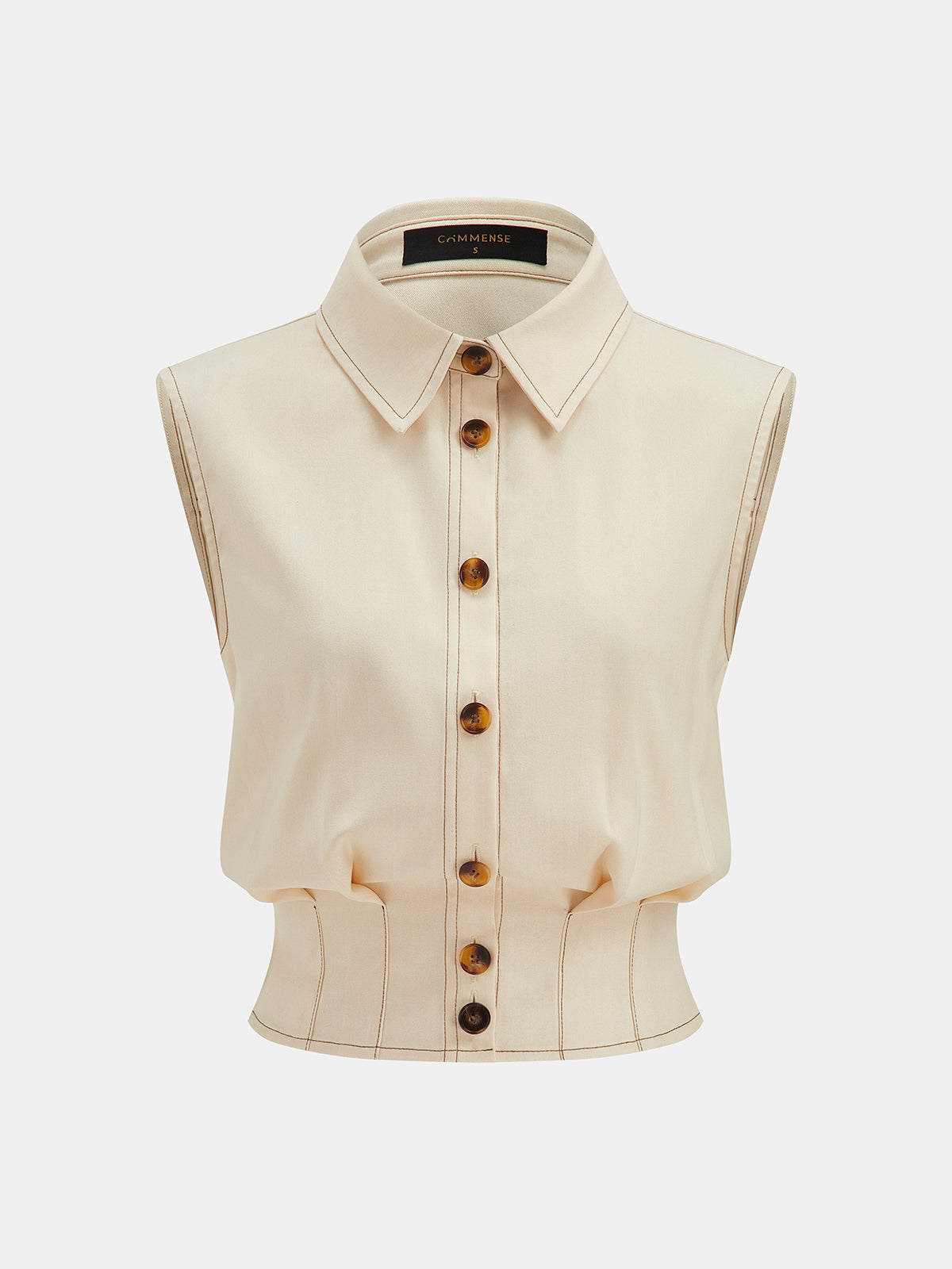 Contrast Stitch Collared Sleeveless Cinched Waist Shirt - Casual Versatile Women’s Summer Top